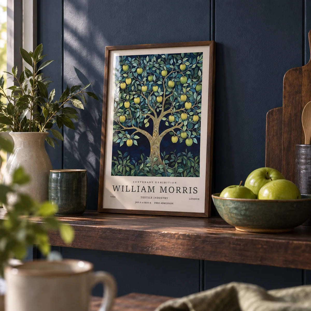 Tree Art Print, a small A4 framed print leaning on a dark wood kitchen shelf