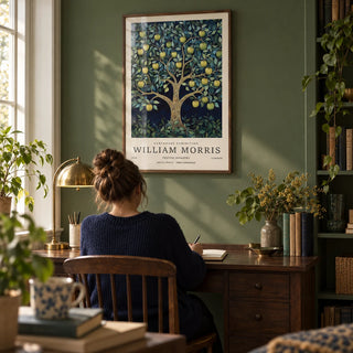 Tree Art Print, framed on the wall of a warm study with a leaf green painted wall