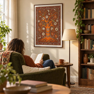 Tree Of Life Art, framed on the wall of a quiet reading corner in a characterful UK flat with a warm cream wall and a tall walnut bookcase to one side in a living room
