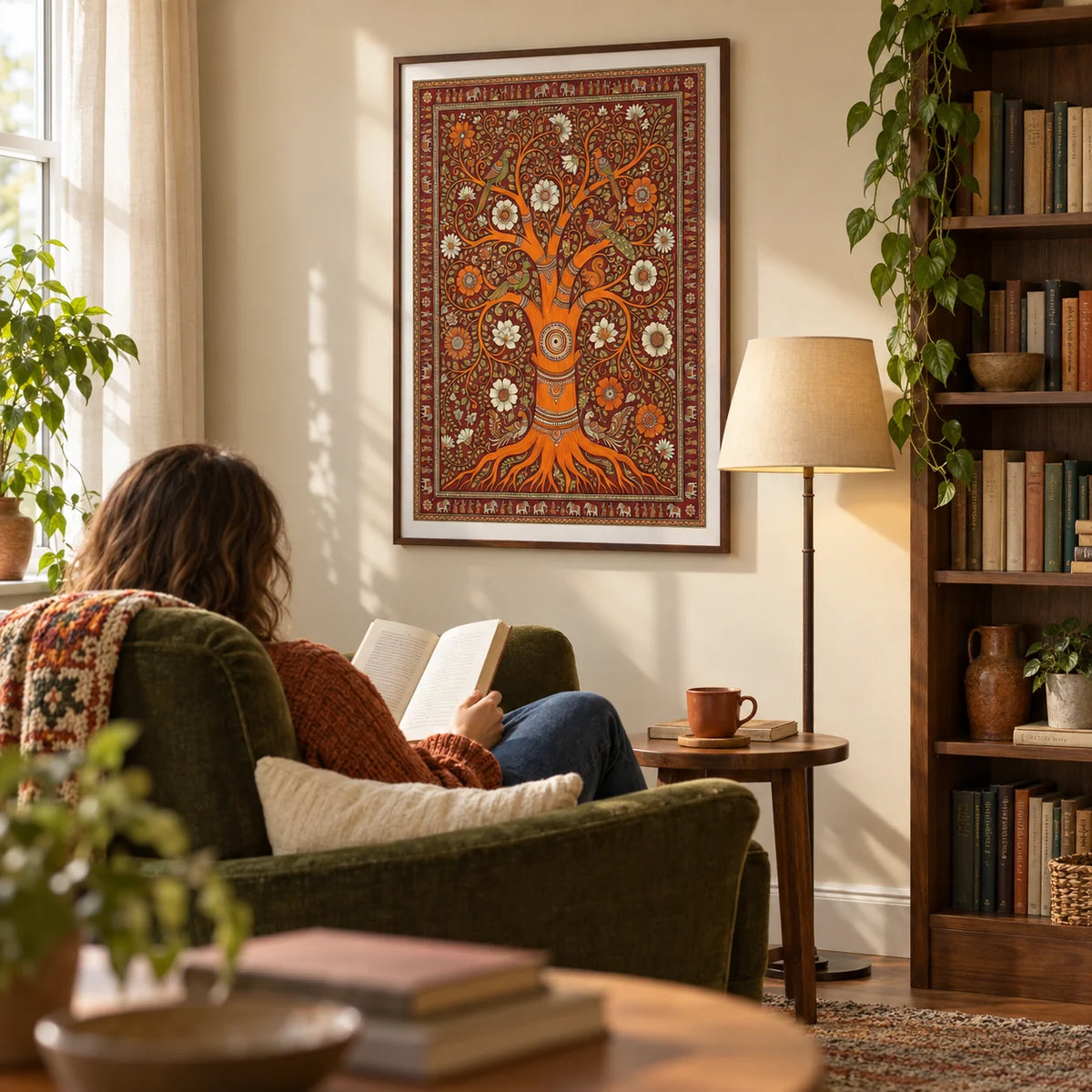 Tree Of Life Art, framed on the wall of a quiet reading corner in a characterful UK flat with a warm cream wall and a tall walnut bookcase to one side in a living room