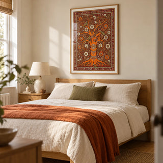 Tree Of Life Art, framed on the wall of a restful bedroom in a UK terraced house with soft cream walls and wooden floorboards
