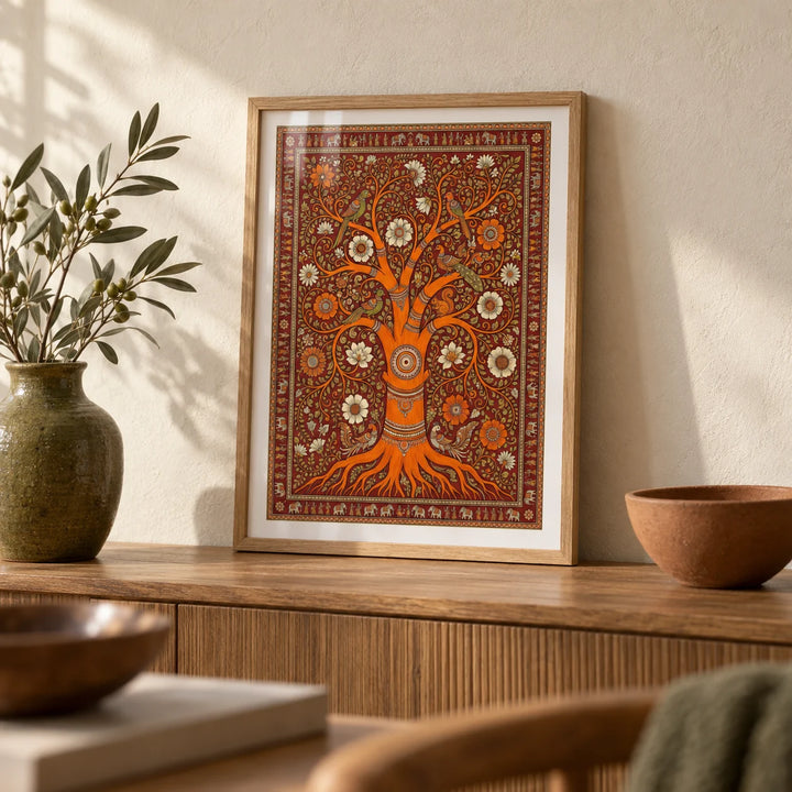 Tree Of Life Art, a small A4 framed print leaning on an oak side table in a hallway