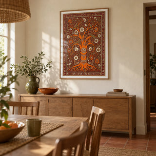 Tree Of Life Art, framed on the wall of a welcoming dining room in a UK family home with warm cream plaster walls and a plain terracotta floor