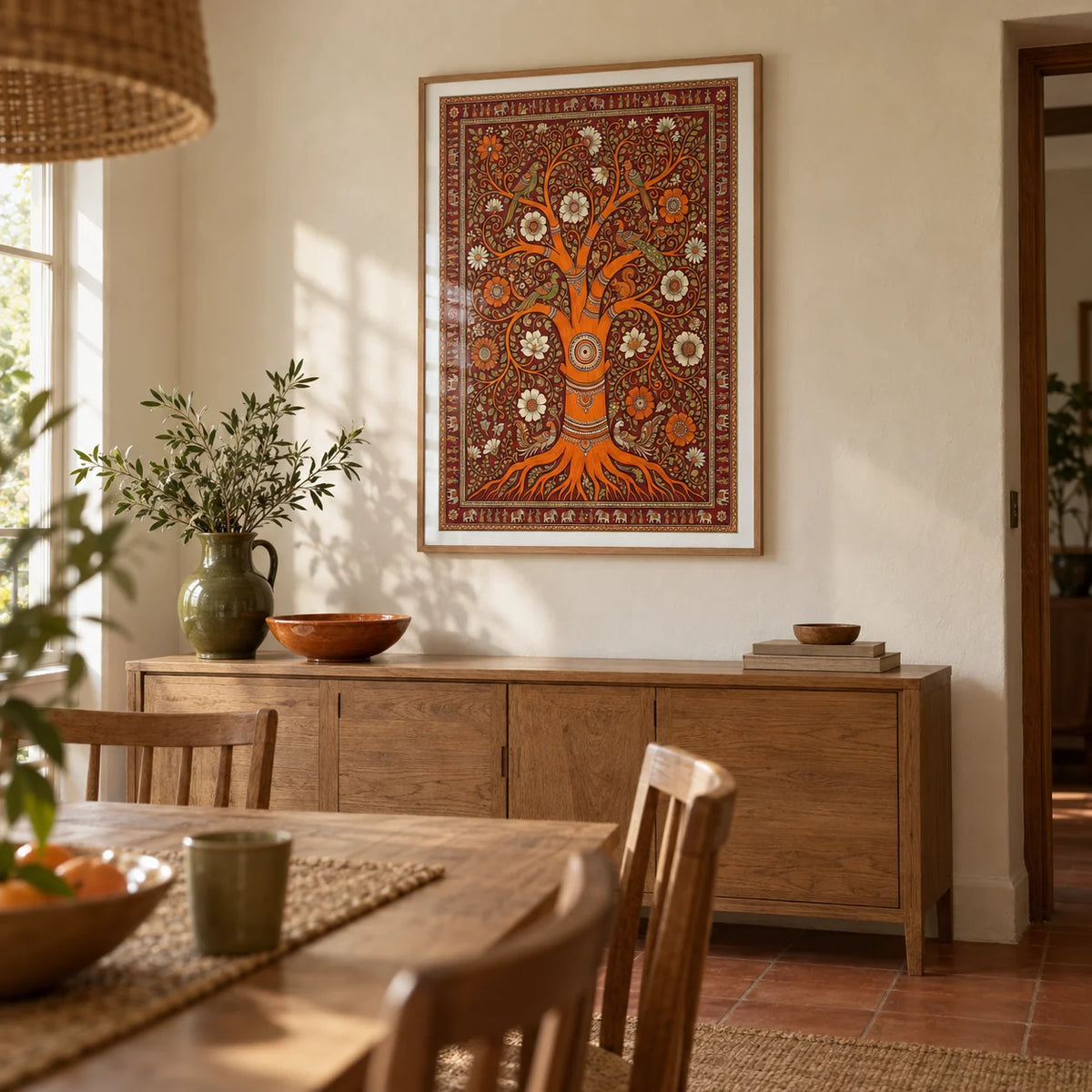 Tree Of Life Art, framed on the wall of a welcoming dining room in a UK family home with warm cream plaster walls and a plain terracotta floor