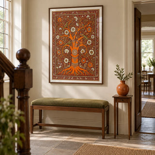 Tree Of Life Art, framed on the wall of a welcoming hallway in an Edwardian UK home with warm ivory walls and a plain stone floor
