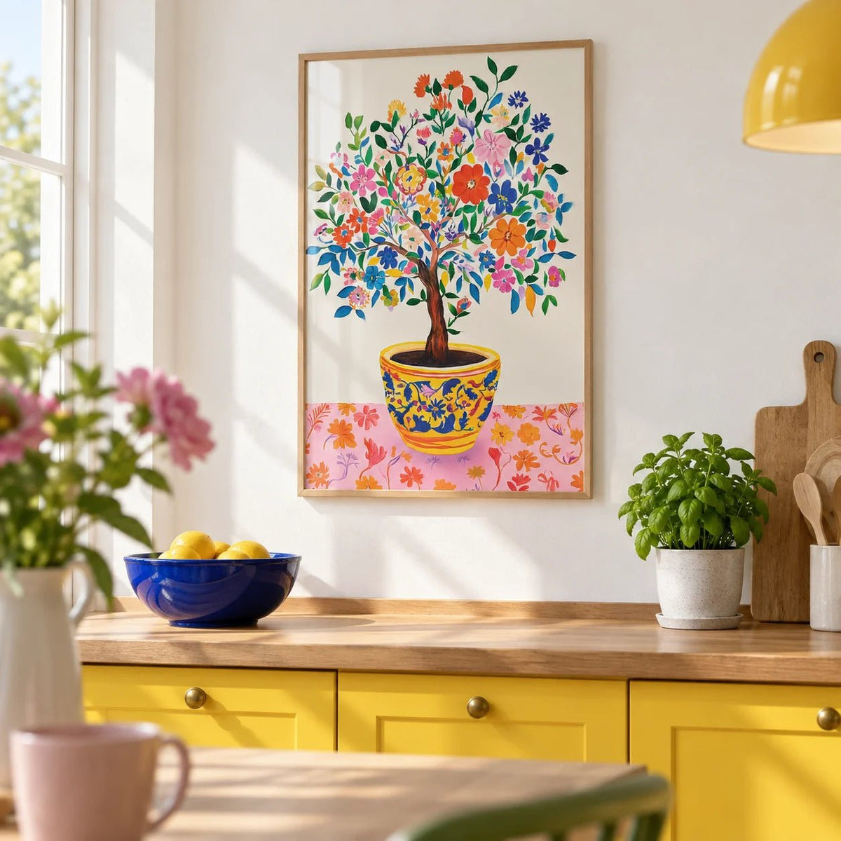 Tree of Life Wall Art, framed on the wall of a bright kitchen with solid sunny yellow cabinets and a plain white wall