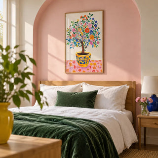 Tree of Life Wall Art, framed on the wall of a cheerful bedroom with a plain arched niche painted soft pink