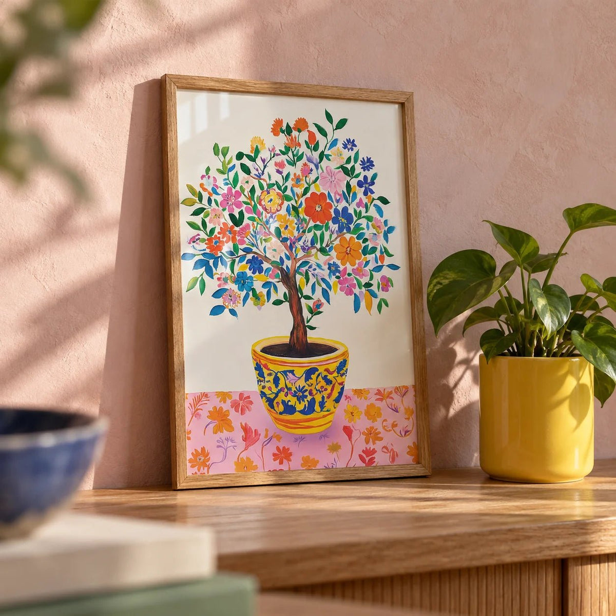 Tree of Life Wall Art, a small A4 framed print leaning on an oak shelf in a living room