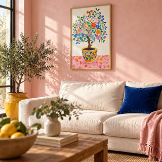 Tree of Life Wall Art, framed on the wall of a warm folk-modern living room with a soft pink limewashed wall