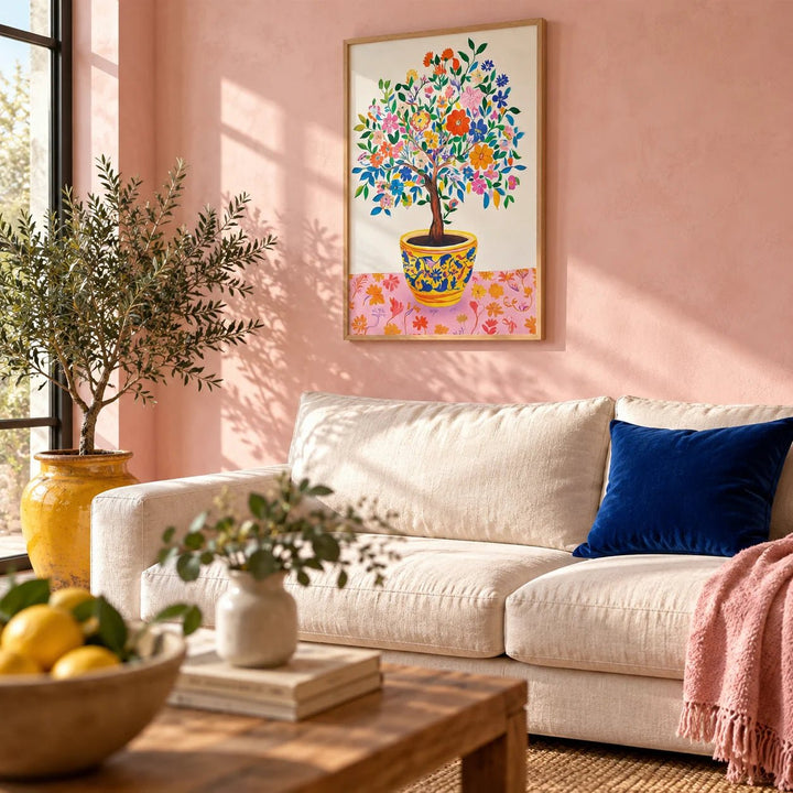 Tree of Life Wall Art, framed on the wall of a warm folk-modern living room with a soft pink limewashed wall