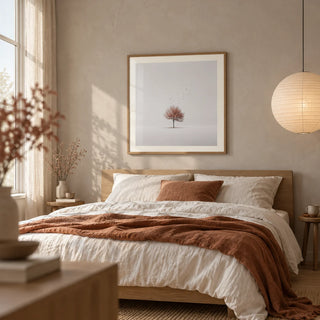Tree Wall Art, framed on the wall of a calm bedroom with a warm grey limewashed wall