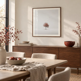 Tree Wall Art, framed on the wall of a calm dining room with a warm white wall