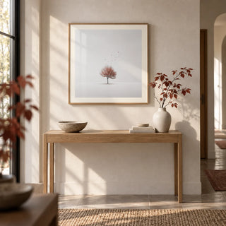 Tree Wall Art, framed on the wall of a calm entryway with a plaster wall