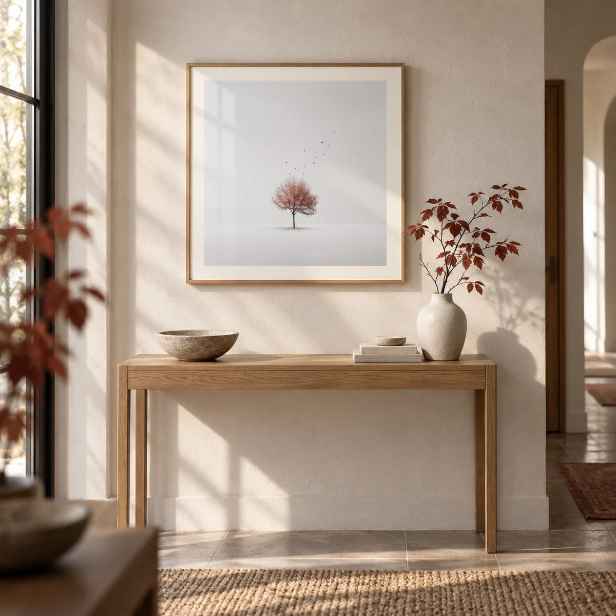 Tree Wall Art, framed on the wall of a calm entryway with a plaster wall