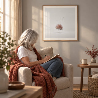 Tree Wall Art, framed on the wall of a reading nook with a soft grey wall in a living room