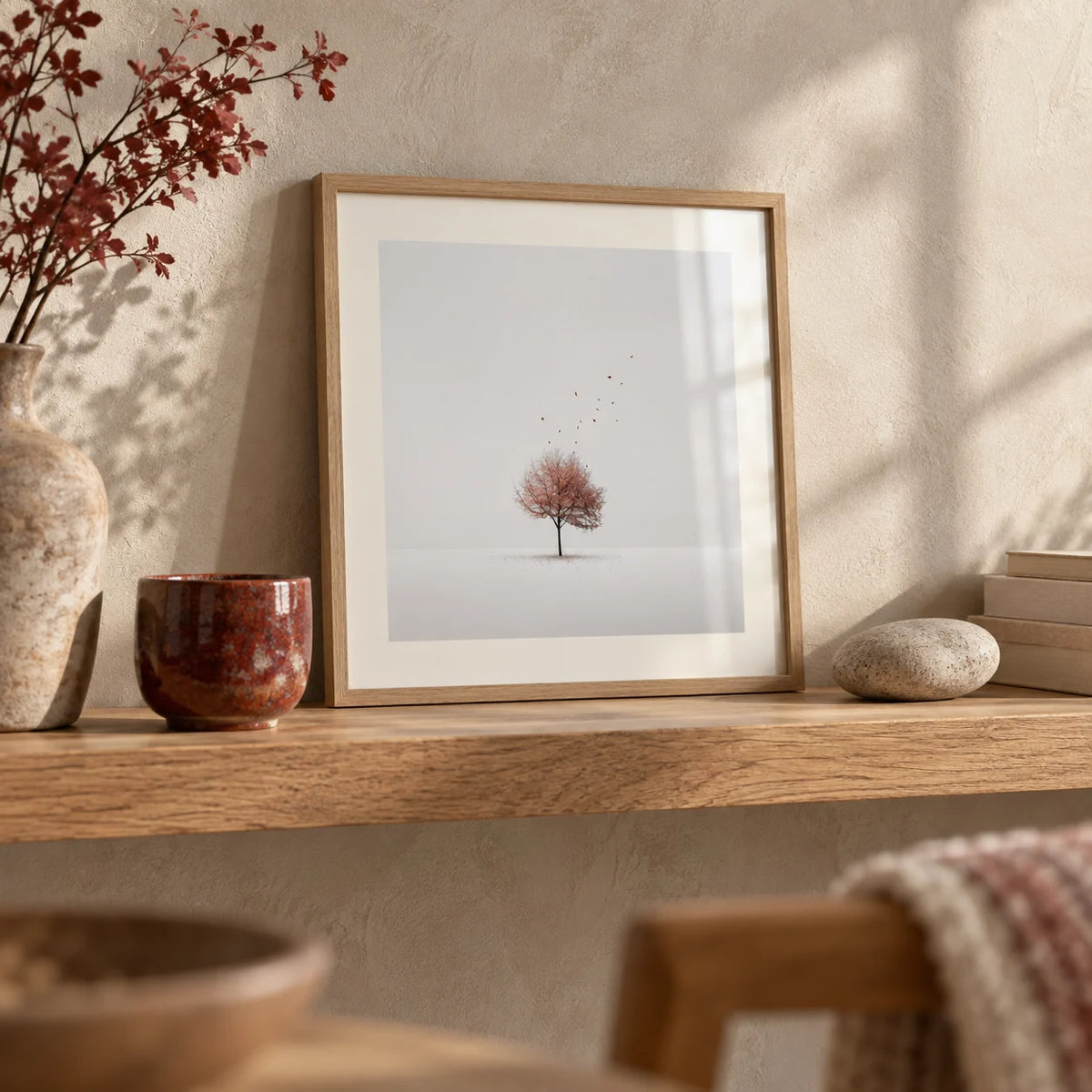Tree Wall Art, a small A4 framed print leaning on an oak shelf in a living room