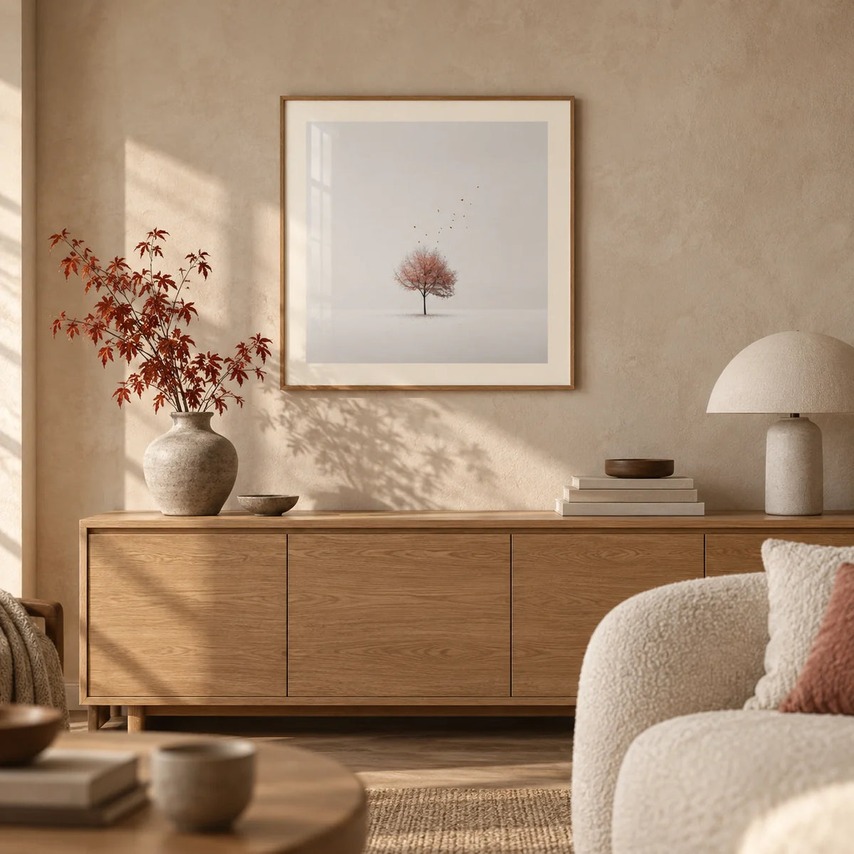 Tree Wall Art, framed on the wall of a warm Japandi living room with a limewashed clay wall