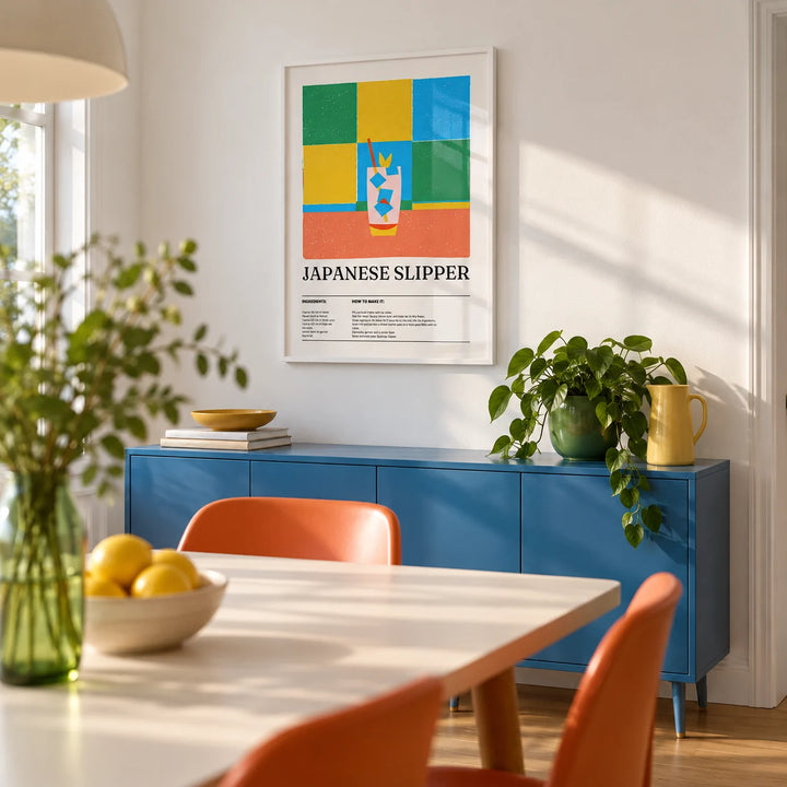 Trendy Wall Art, framed on the wall of a bright dining room with a white wall