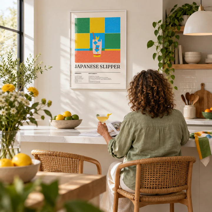 Trendy Wall Art, framed on the wall of a bright kitchen with a white breakfast bar and stools