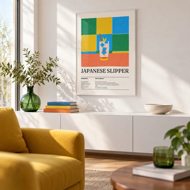 Trendy Wall Art, framed on the wall of a bright living room with a white wall