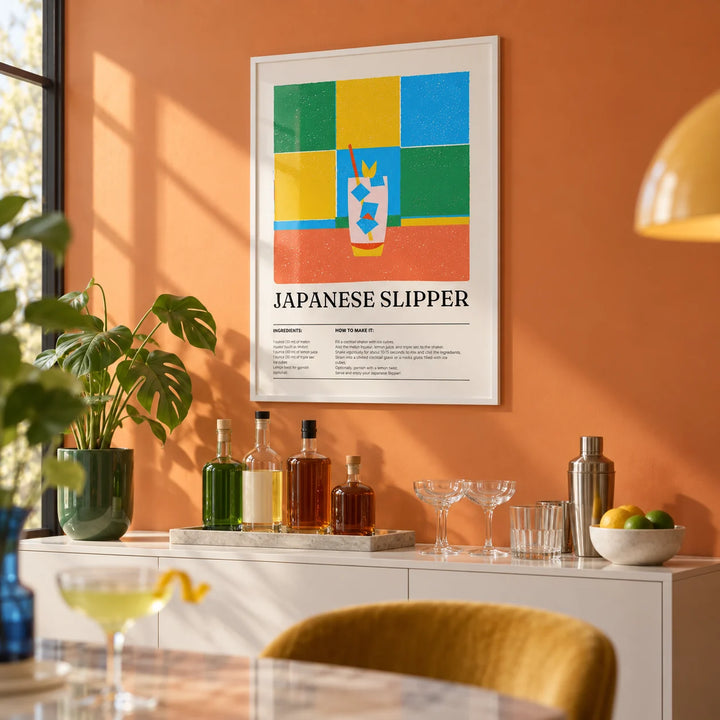 Trendy Wall Art, framed on the wall of a home bar with a soft orange painted wall in a living room