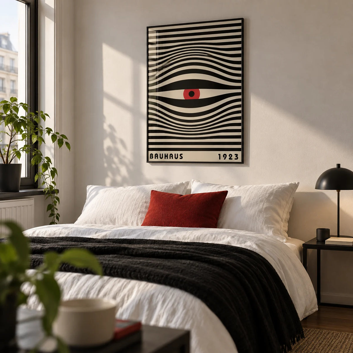 Trippy Wall Art, framed on the wall of a crisp young adult bedroom in a first flat (22-28)
