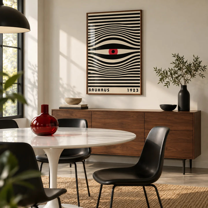 Trippy Wall Art, framed on the wall of a modern dining room