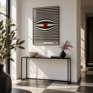 Trippy Wall Art, framed on the wall of a modern hallway with a white wall