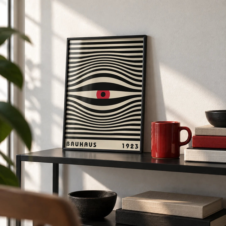 Trippy Wall Art, a small A4 framed print leaning on a black metal shelf in a living room