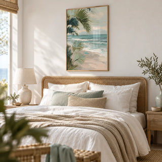 Tropical Beach Art, framed on the wall of a beach house bedroom with a white wall