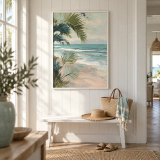 Tropical Beach Art, framed on the wall of a beach house hallway with a white panelled wall