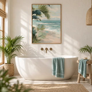 Tropical Beach Art, framed on the wall of a bright coastal bathroom with a white plaster wall