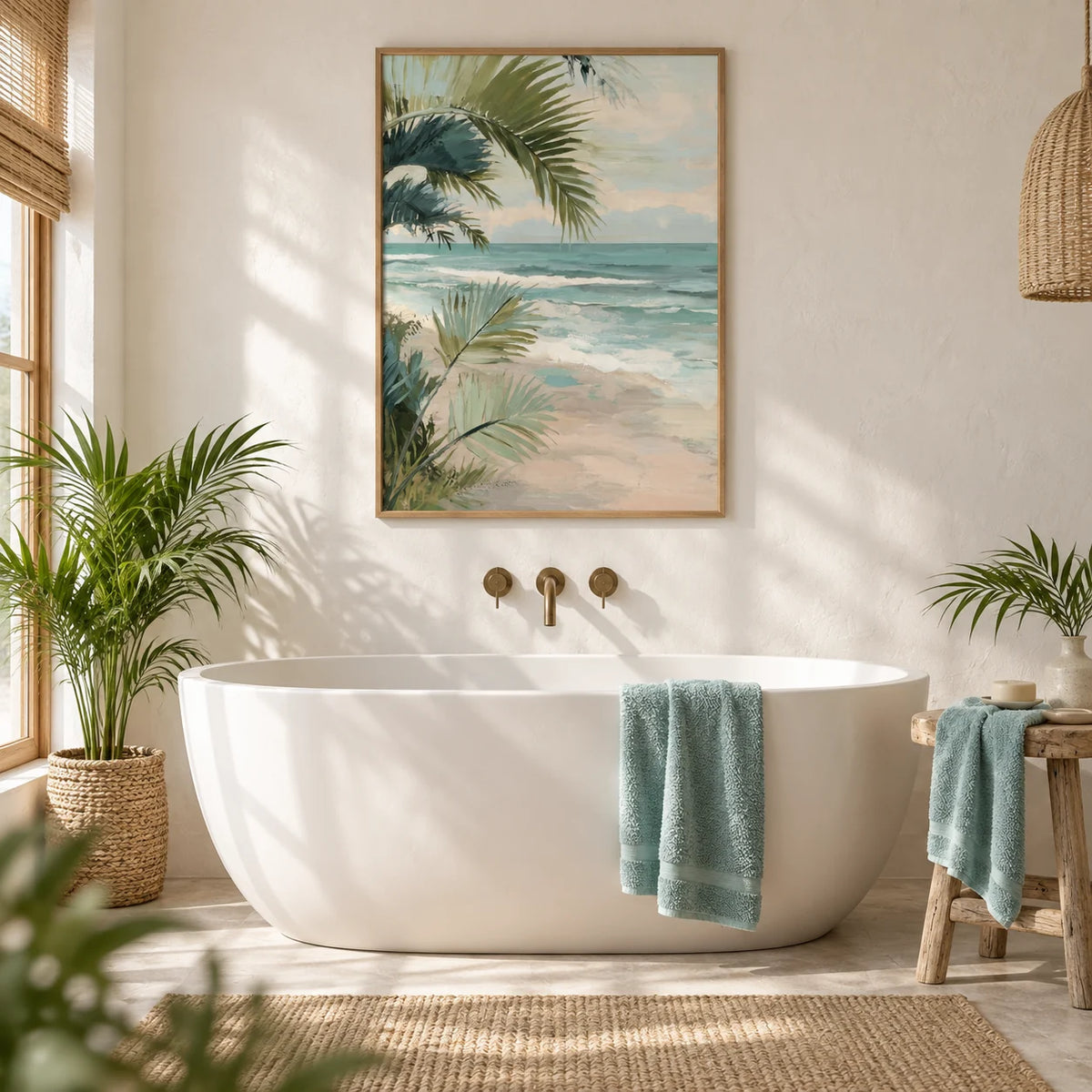 Tropical Beach Art, framed on the wall of a bright coastal bathroom with a white plaster wall