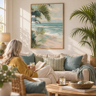 Tropical Beach Art, framed on the wall of a relaxed coastal living room with a soft white wall