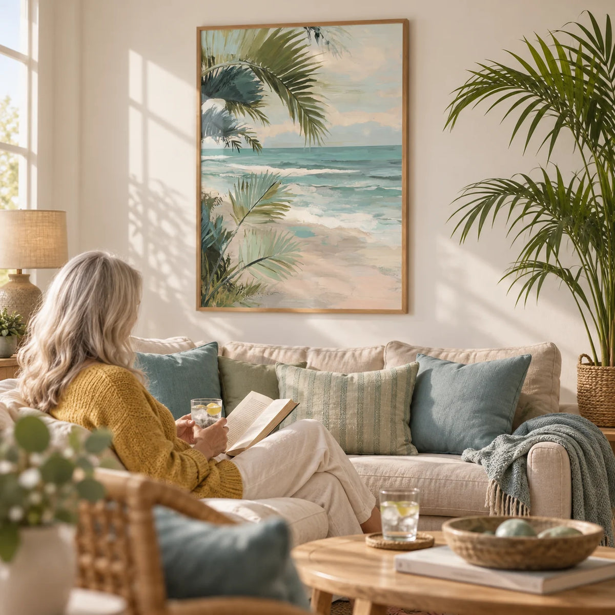 Tropical Beach Art, framed on the wall of a relaxed coastal living room with a soft white wall
