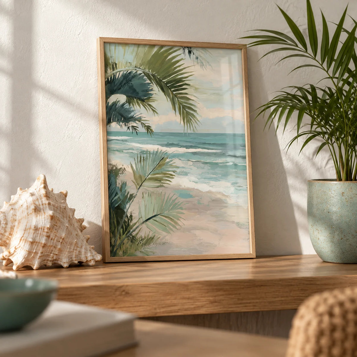 Tropical Beach Art, a small A4 framed print leaning on an oak shelf in a living room