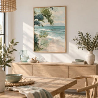 Tropical Beach Art, framed on the wall of a sunny dining room with a white wall
