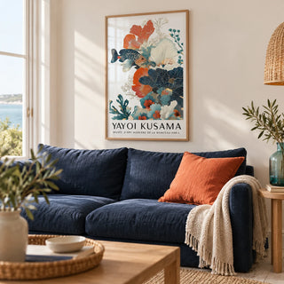 Tropical Fish Poster, framed on the wall of a calm coastal living room with a warm white wall and a whitewashed oak floor