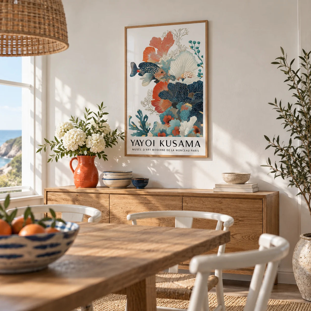 Tropical Fish Poster, framed on the wall of a seaside cottage dining room with a white painted wall