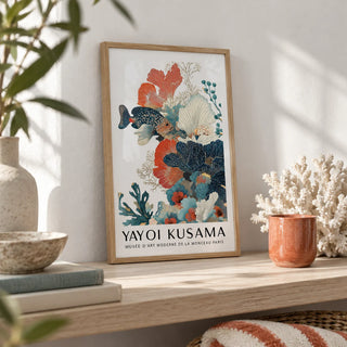 Tropical Fish Poster, a small A4 framed print leaning on a whitewashed oak shelf in a living room