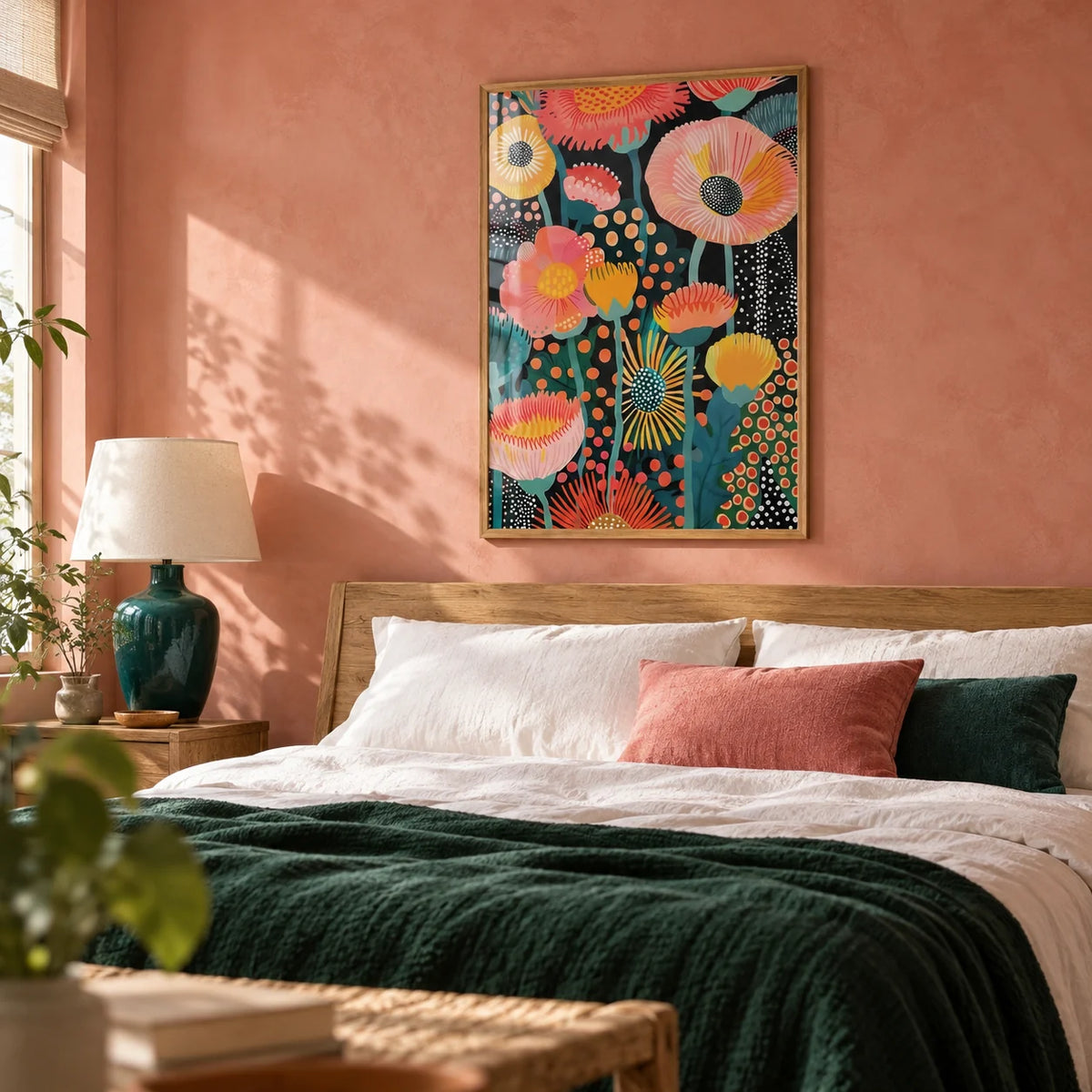 Tropical Floral Print, framed on the wall of a bedroom with a soft coral pink limewashed wall