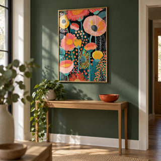 Tropical Floral Print, framed on the wall of a hallway with a deep green painted wall