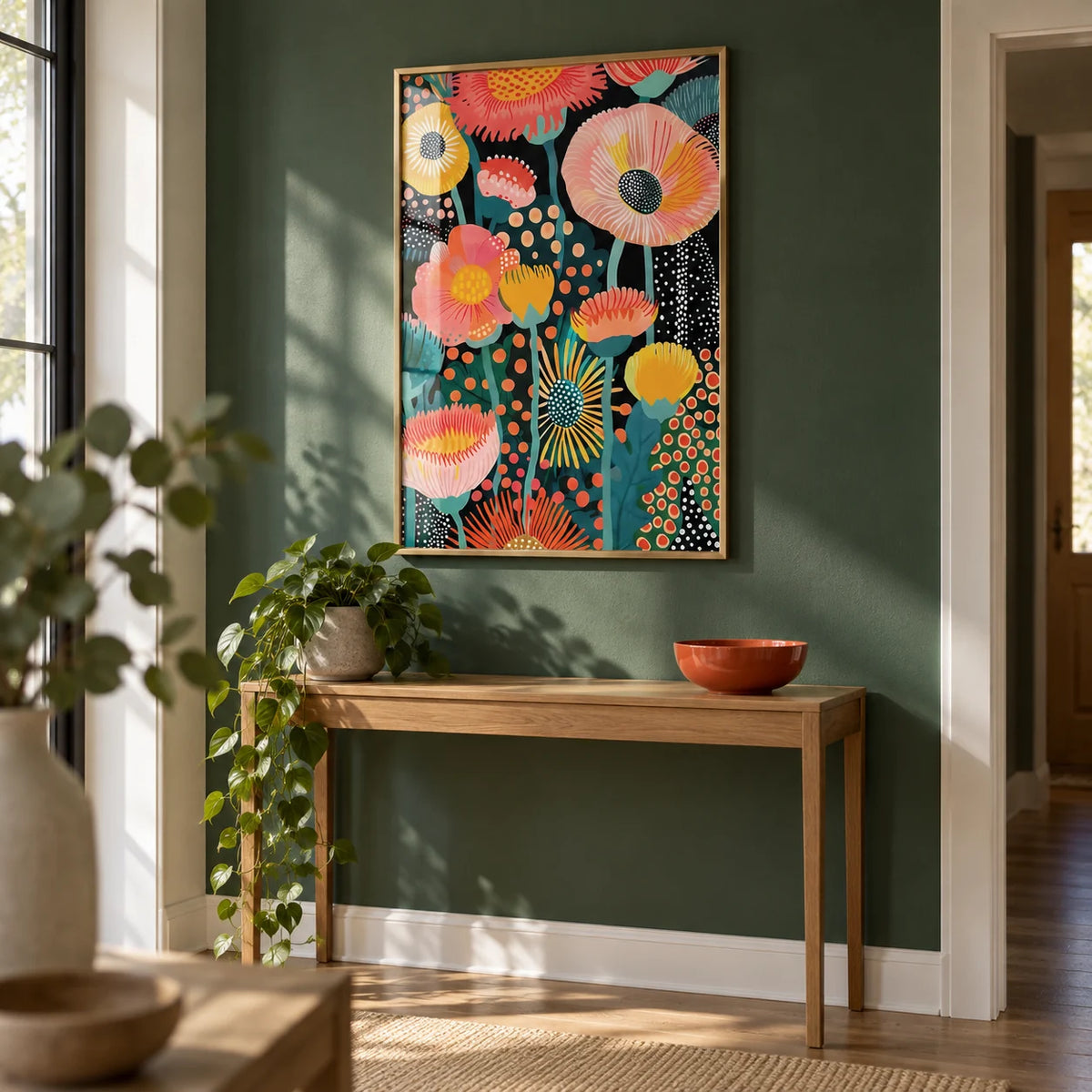 Tropical Floral Print, framed on the wall of a hallway with a deep green painted wall
