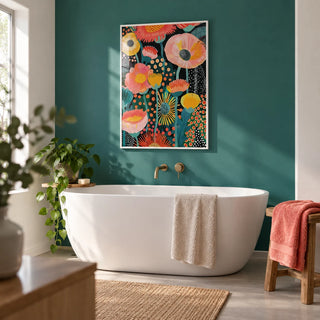 Tropical Floral Print, framed on the wall of a modern bathroom with a solid teal painted wall and plain white walls around