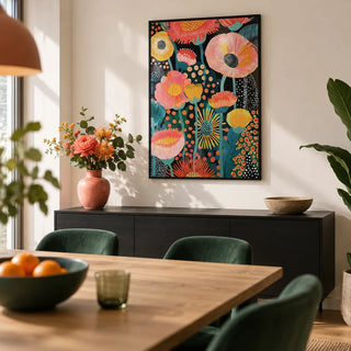 Tropical Floral Print, framed on the wall of a modern dining room with a warm white wall
