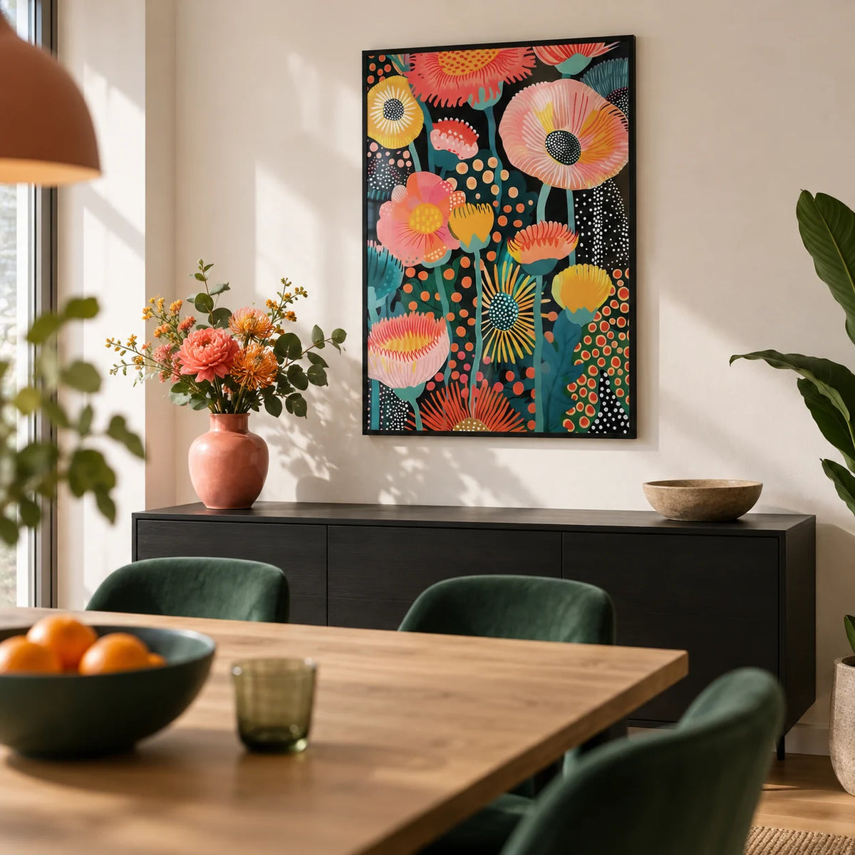Tropical Floral Print, framed on the wall of a modern dining room with a warm white wall