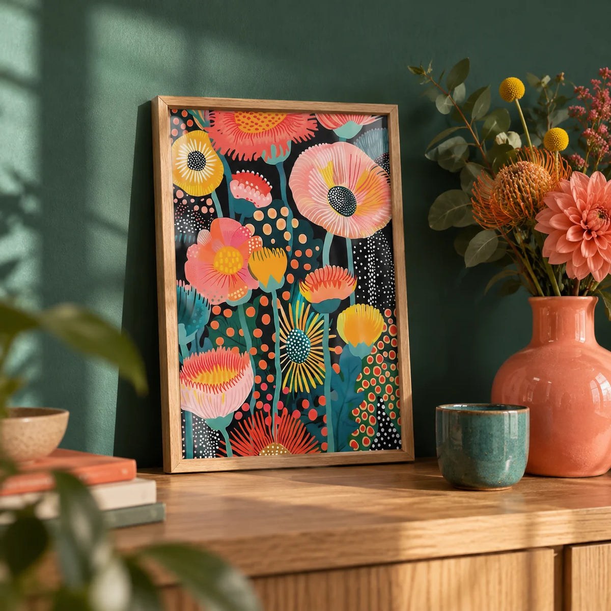 Tropical Floral Print, a small A4 framed print leaning on an oak shelf in a living room