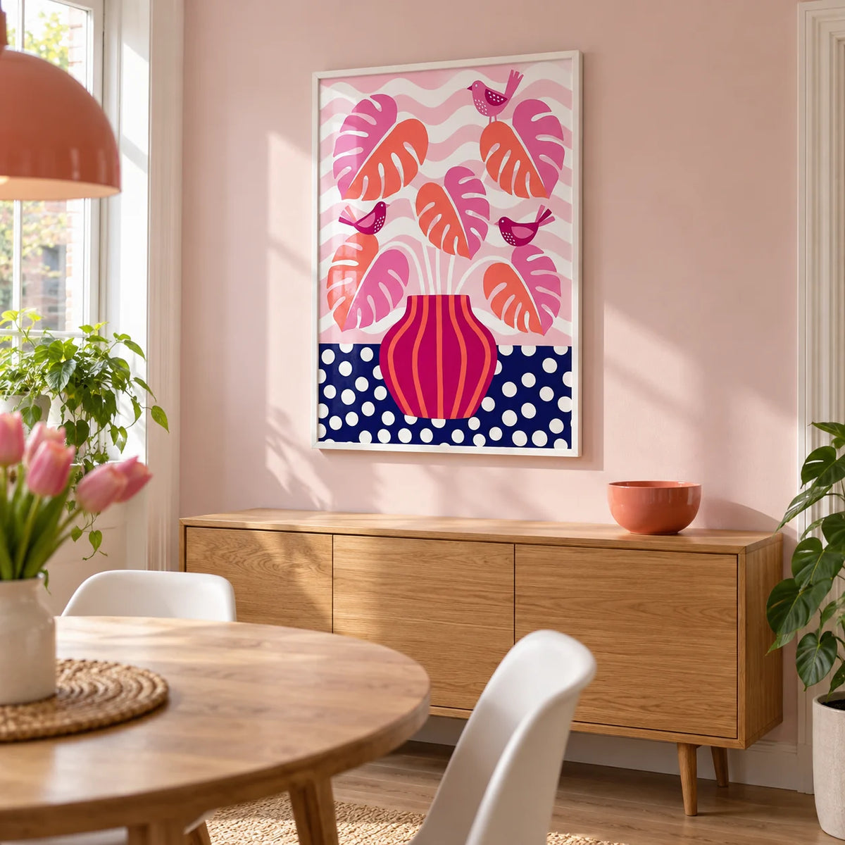 Tropical Plant Wall Art, framed on the wall of a bright modern dining room in a UK terraced house with a pale pink wall