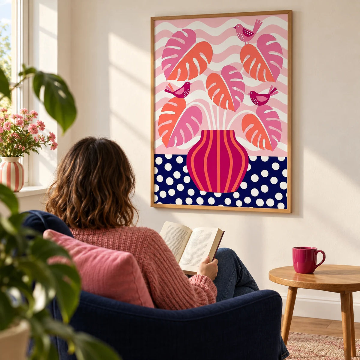 Tropical Plant Wall Art, framed on the wall of a colourful contemporary reading corner in a UK flat with a warm white wall in a living room