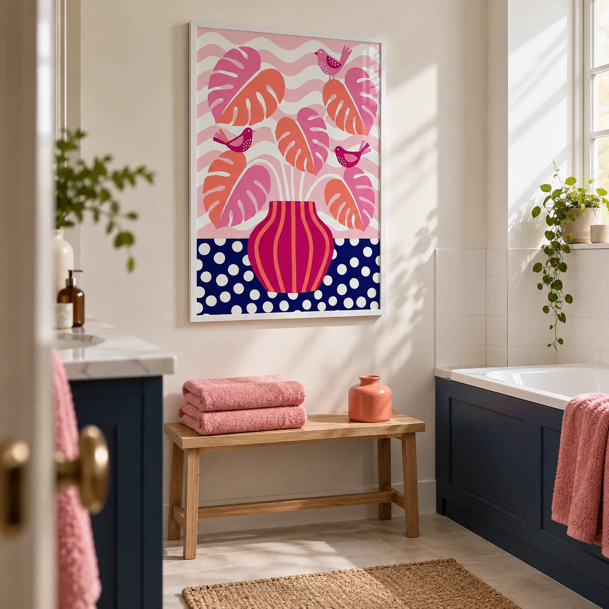 Tropical Plant Wall Art, framed on the wall of a contemporary bathroom in a UK flat with warm white upper walls and plain navy lower cabinetry